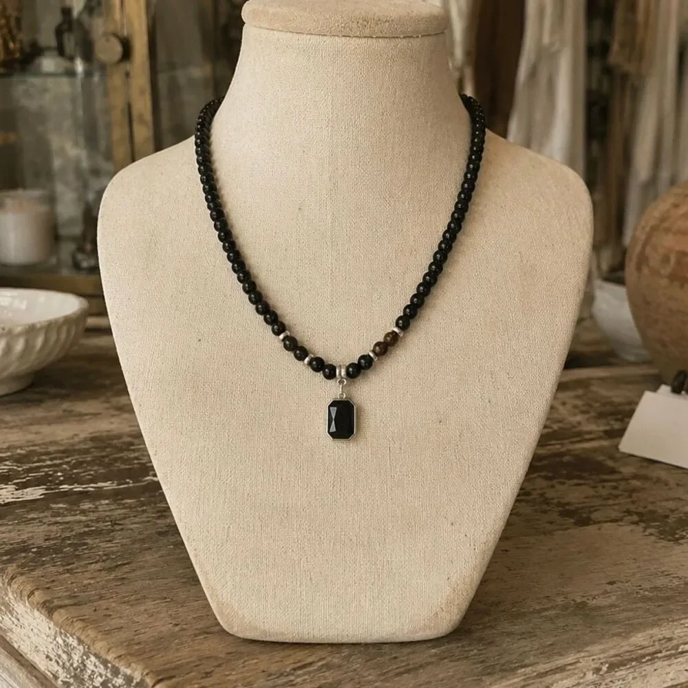 Men’s Tiger Eye & Black Bead Pendant Necklace
